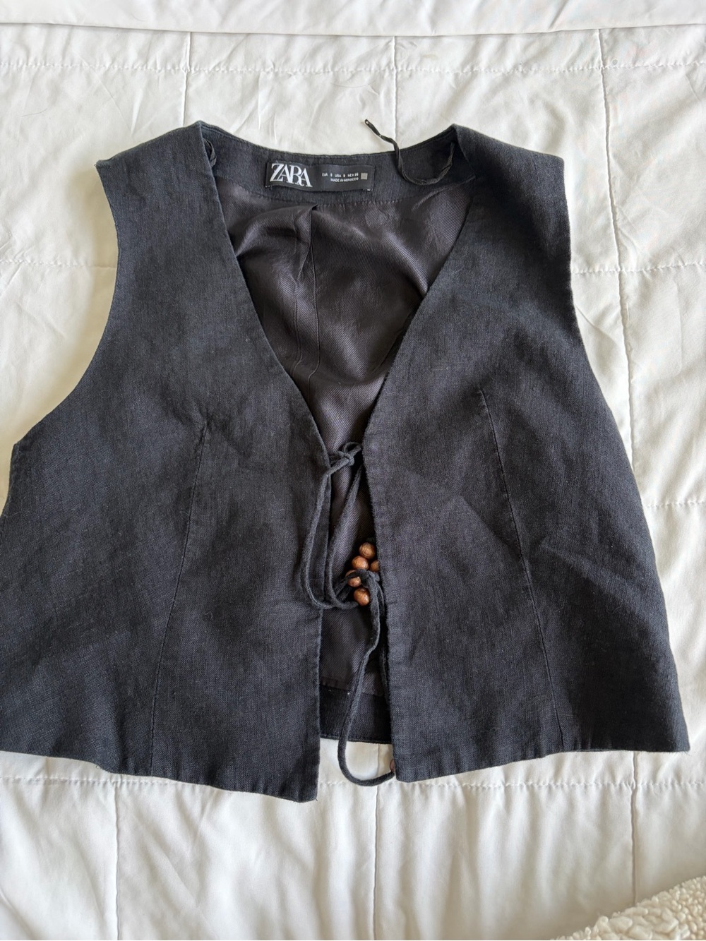 ZARA Black Linen-Blend Tie-Front Crop Vest